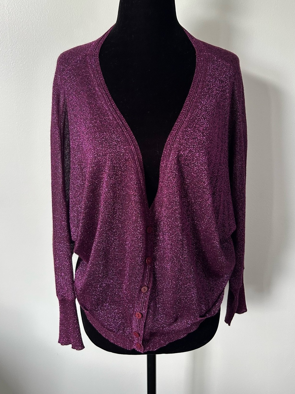 FREE PEOPLE Purple Metallic V-Neck Buttoned Cardigan - Small